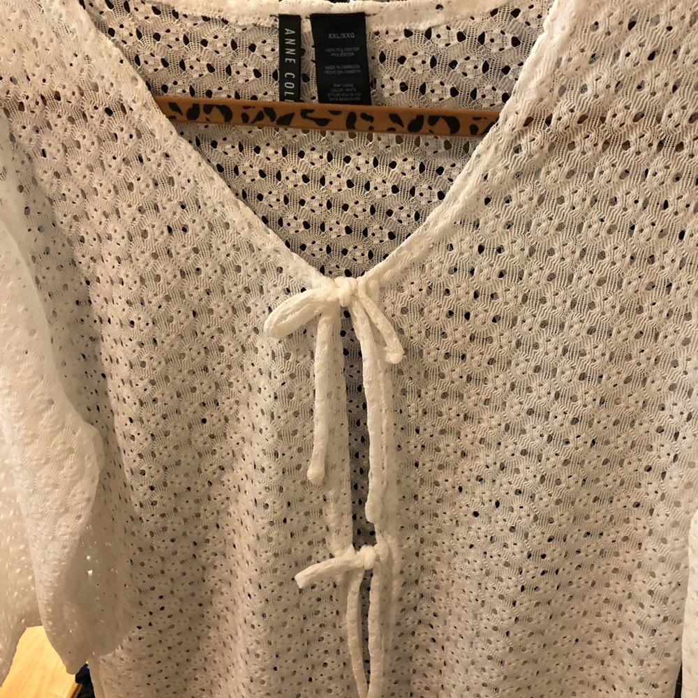 White lace bathing suit cover-up ties in front